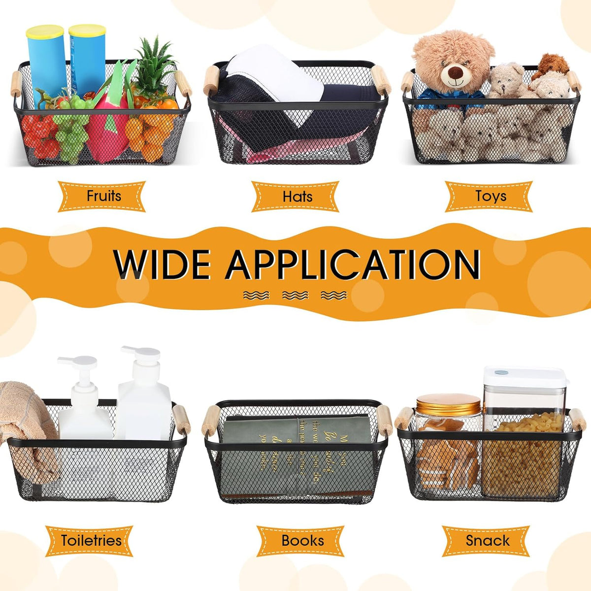Ziliny 4 Pcs Metal Mesh Wire Baskets with Wooden Handles for Organizing, Pantry Organizers and Storage Steel Bin Kitchen Baskets for Fruit Potato Onion Snacks Bathroom Cabinet(Small,Black)