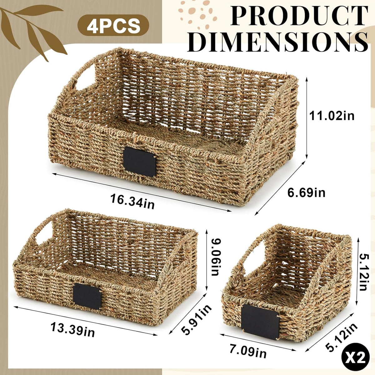 Wonderjune 4 Pcs Water Hyacinth Storage Basket Set Boho Wicker Rattan Pantry Basket with Chalkboard Label Handles Woven Container Kitchen Laundry Large Small for Shelves Food Home Bathroom Decor