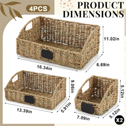 Wonderjune 4 Pcs Water Hyacinth Storage Basket Set Boho Wicker Rattan Pantry Basket with Chalkboard Label Handles Woven Container Kitchen Laundry Large Small for Shelves Food Home Bathroom Decor
