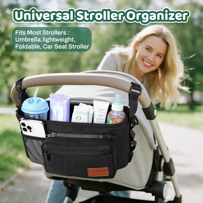 Guiseapue Universal Stroller Organizer with Cup Holder: Baby Essentials, Stroller Caddy Accessories with Detachable Phone Bag, Non-Slip Straps, Fits for Uppababy, Baby Jogger, New Moms Baby Gifts