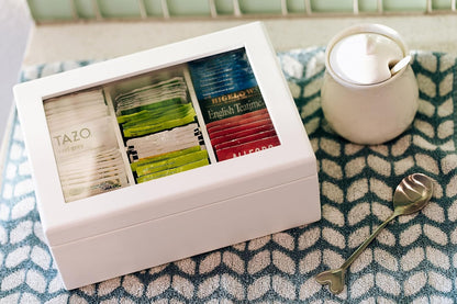 Break Tradition Wooden Tea Organizer For Tea Bags - 6 Compartments, Clear Top Window, Lid Stays Open (Black)