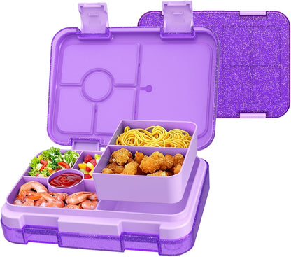 Bento Lunch Box for Kids, 6 Compartments BPA Free, Dishwasher Safe Back to School Snack Bento Lunch Containers Boxes, Ideal Portion Sizes for On-the-Go Meal, Ages 3+, School, Green Patterned
