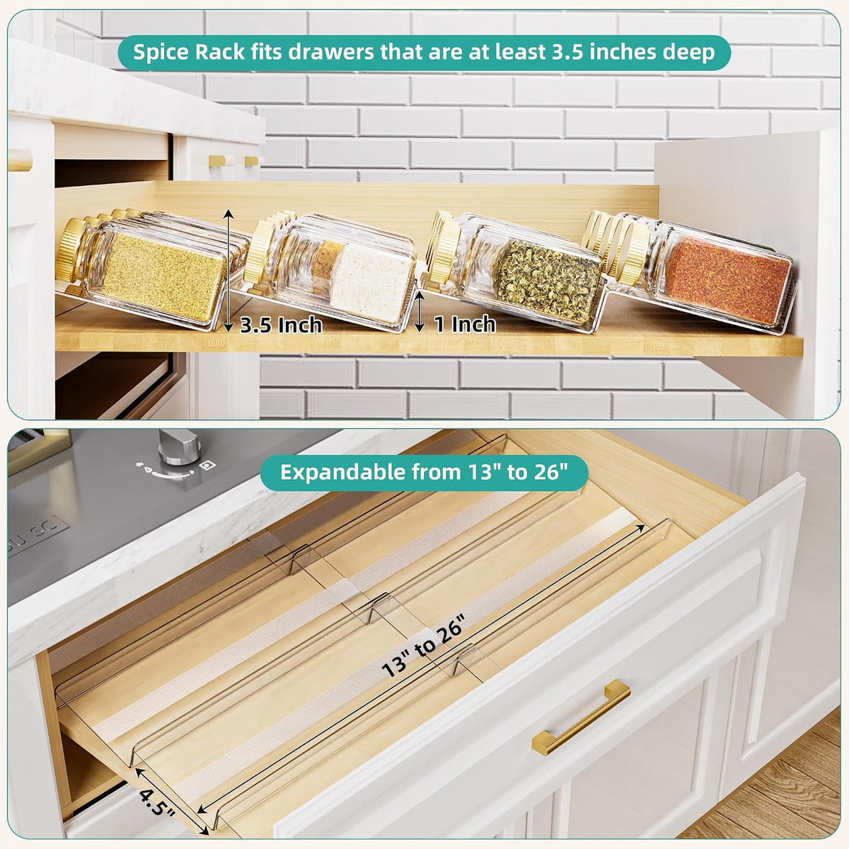 MIUKAA Acrylic Spice Drawer Organizer, 4 Tier - Seasoning Organizer for Drawer, Expandable From 13" to 26" Kitchen Drawer Spice Rack with Slip-Proof Mat (Jars not Included)