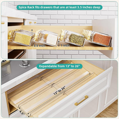 MIUKAA Acrylic Spice Drawer Organizer, 4 Tier - Seasoning Organizer for Drawer, Expandable From 13" to 26" Kitchen Drawer Spice Rack with Slip-Proof Mat (Jars not Included)