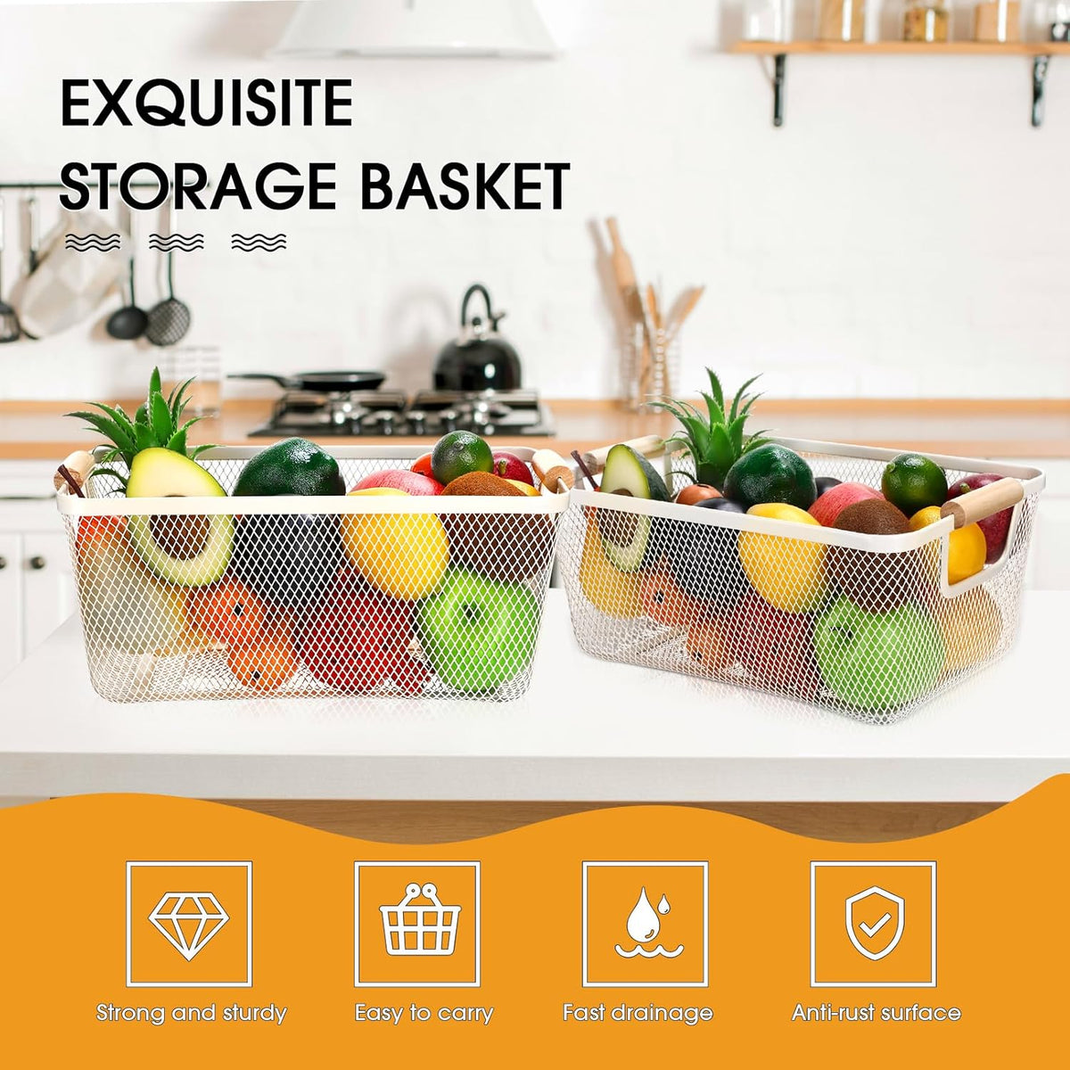 Ziliny 4 Pcs Metal Mesh Wire Baskets with Wooden Handles for Organizing, Pantry Organizers and Storage Steel Bin Kitchen Baskets for Fruit Potato Onion Snacks Bathroom Cabinet(Small,Black)