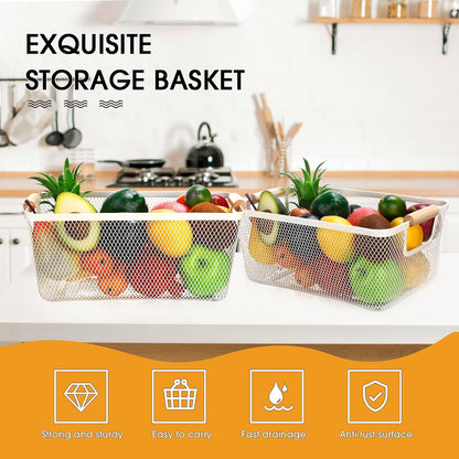 Ziliny 4 Pcs Metal Mesh Wire Baskets with Wooden Handles for Organizing, Pantry Organizers and Storage Steel Bin Kitchen Baskets for Fruit Potato Onion Snacks Bathroom Cabinet(Small,Black)