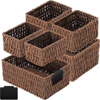 Marsui 6 Pcs Wicker Storage Baskets with Labels Handwoven Multi-size Brown Wicker Storage Bins for Organizing Small Baskets Container for Shelves Closet Pantry Toilet(Brown )