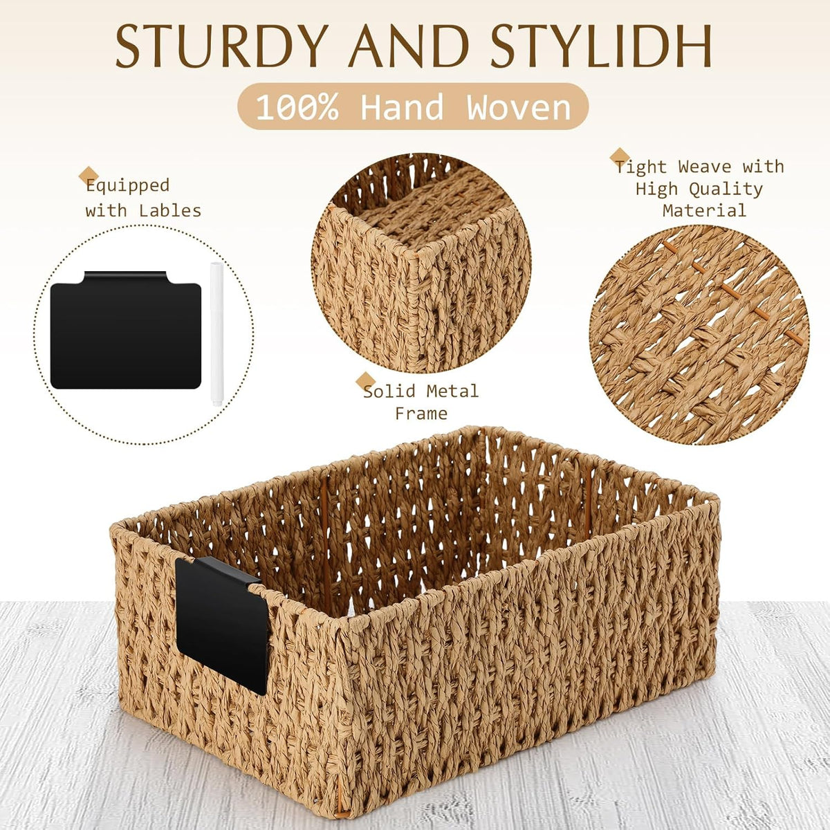 Marsui 6 Pcs Wicker Storage Baskets with Labels Handwoven Multi-size Brown Wicker Storage Bins for Organizing Small Baskets Container for Shelves Closet Pantry Toilet(Brown )