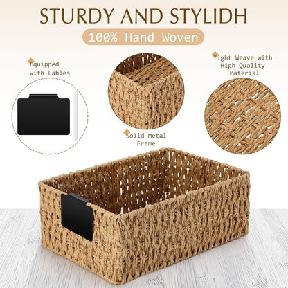 Marsui 6 Pcs Wicker Storage Baskets with Labels Handwoven Multi-size Brown Wicker Storage Bins for Organizing Small Baskets Container for Shelves Closet Pantry Toilet(Brown )