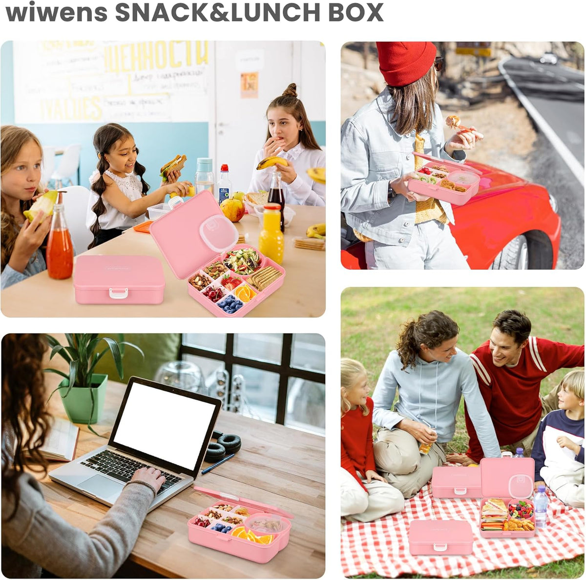 wiwens Snack Box Containers for Kids Adults 2PCS Reusable Snackle Boxes with Adjustable Dividers Airtight Snack Organizers with Compartents Toddler Bento Lunch Box LeakProof for Office,School,Outdoor