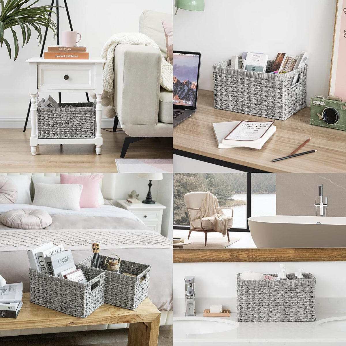 GRANNY SAYS Wicker Storage Baskets for Shelves, Wicker Baskets for Organizing, Waterproof Woven Basket for Pantry, Rectangle Basket for Shlef, Brown, 2-Pack