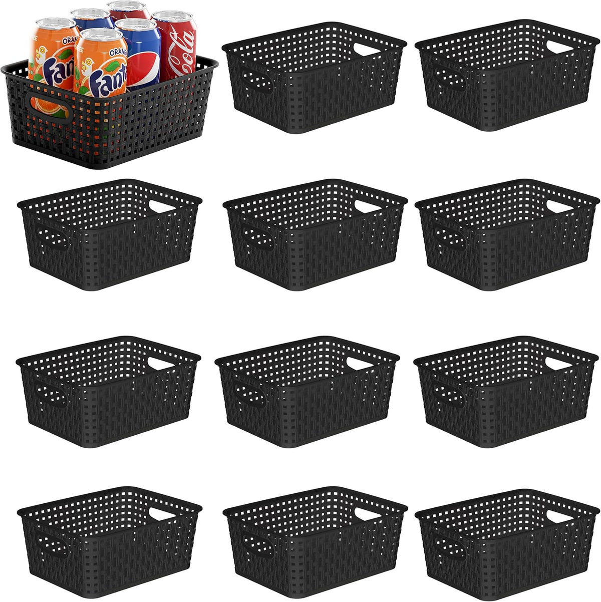 Khaki Stackable Storage Baskets, Plastic Weave Basket Organizer and Storage Set of 12, Pantry Organizing Baskets for Shelves, Kitchens, Bathrooms, Classrooms, Cabinets and Bedrooms