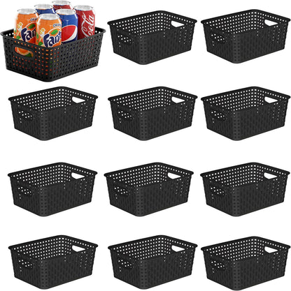 Khaki Stackable Storage Baskets, Plastic Weave Basket Organizer and Storage Set of 12, Pantry Organizing Baskets for Shelves, Kitchens, Bathrooms, Classrooms, Cabinets and Bedrooms