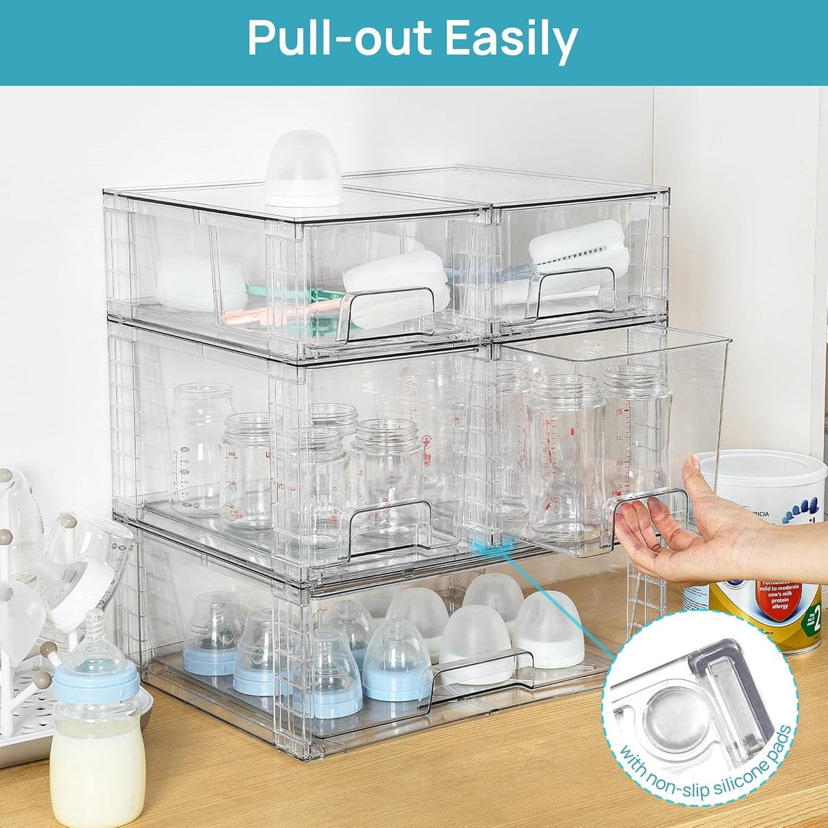 Vtopmart 3 Pack Stackable Storage Drawers, Easily Assemble Acrylic Bathroom Undersink Organizers,Clear Plastic Storage Bins for Closet,Cabinet,Pantry,Medicine Organization