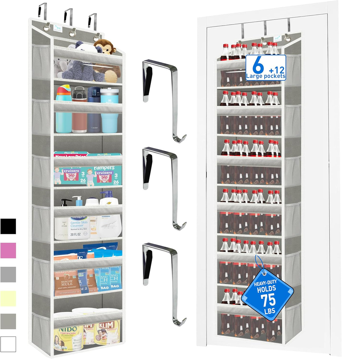 Over the Door Organizer Storage 6 Tier, 12 Large Capacity Side Pockets, Heavy Duty Metal Reinforced Hook Anti Tilt 75 LB Load Behind Door Storage for Bedroom Bathroom Pantry Nursery