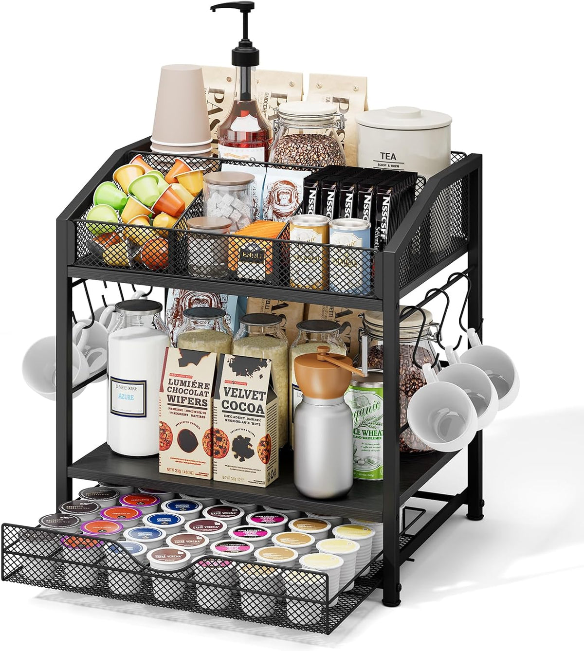 Homsorout Coffee Bar Organizer - Countertop Coffee Station, 42 K Cup holder Storage Basket with Drawer and Hooks for Syrup, Cups, Stirrer, Condiment, Tea Organizer, Black and Brown