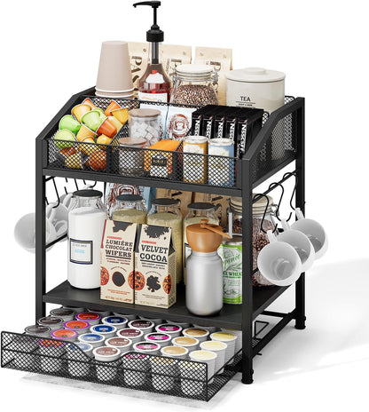 Homsorout Coffee Bar Organizer - Countertop Coffee Station, 42 K Cup holder Storage Basket with Drawer and Hooks for Syrup, Cups, Stirrer, Condiment, Tea Organizer, Black and Brown
