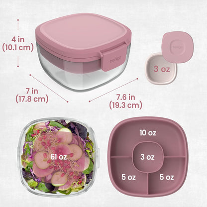 Bentgo Glass Prints Salad Container - 7.6-Cup Tinted Glass Salad Bowl with Airtight Lid, Leak-Proof Sauce Container, 4-Compartment Bento Meal Prep Tray & Reusable Fork (Floral Maximalist - Sea)