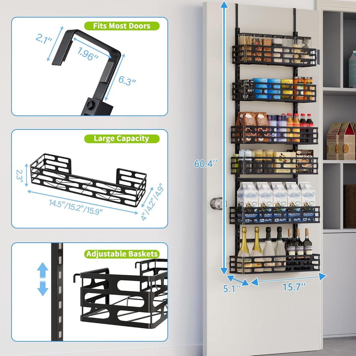 6-Tier Over the Door Pantry Organizer, Pantry Organization And Storage, Hanging Storage Organizer Spice Rack Metal Shelving for Home & Kitchen, Office Laundry Room Bathroom Black