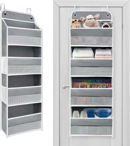 Over The Door Organizer with LifetimeWarranty, 4 Shelves & 4 Side Pockets, Large Storage Rack Holds 44lb, Heavy-Duty Reinforced Mesh Shelf for Bathroom, Closet, Toy Organization, Shoes, Towels, Grey