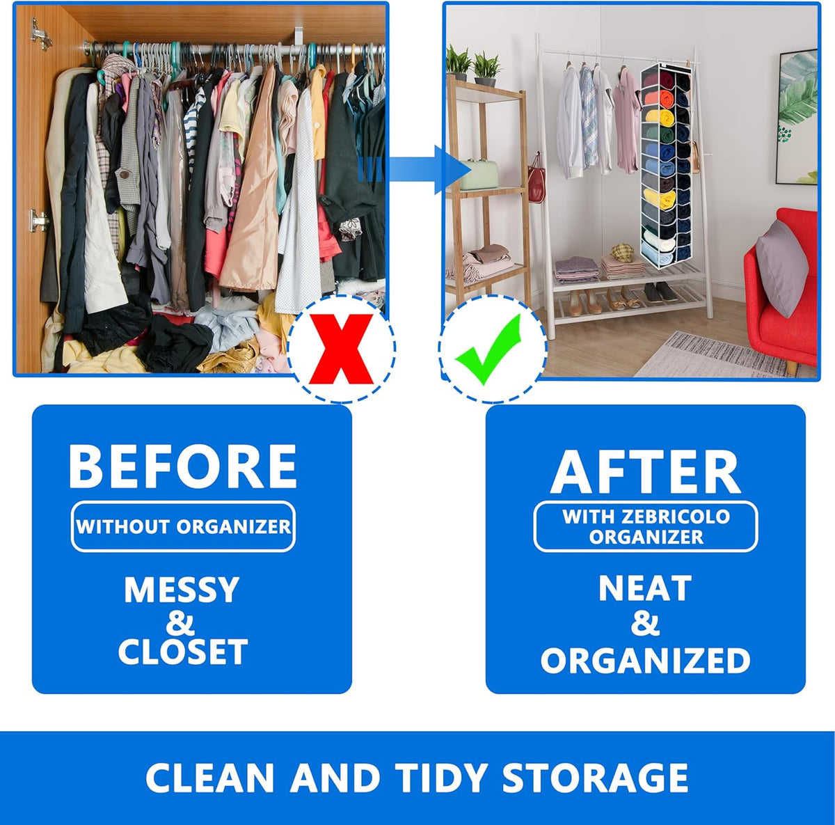 Over the Door Organizer Storage 6 Tier, 12 Large Capacity Side Pockets, Heavy Duty Metal Reinforced Hook Anti Tilt 75 LB Load Behind Door Storage for Bedroom Bathroom Pantry Nursery