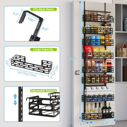 6-Tier Over the Door Pantry Organizer, Pantry Organization And Storage, Hanging Storage Organizer Spice Rack Metal Shelving for Home & Kitchen, Office Laundry Room Bathroom Black
