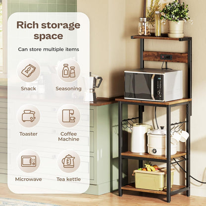 SUPERJARE Kitchen Bakers Rack with Power Outlet, Coffee Bar Table 4 Tiers, Kitchen Microwave Stand with 6 S-shaped Hooks, Storage Shelf Rack for Spices, Pots and Pans - Rustic Brown
