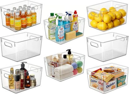 Hudgan Set of 8 Clear Plastic Storage Bins 4 Large and 4 Small Stackable Storage Containers for Pantry Organizers and Kitchen Storage, Cabinet, Freezer, Under Sink Organization