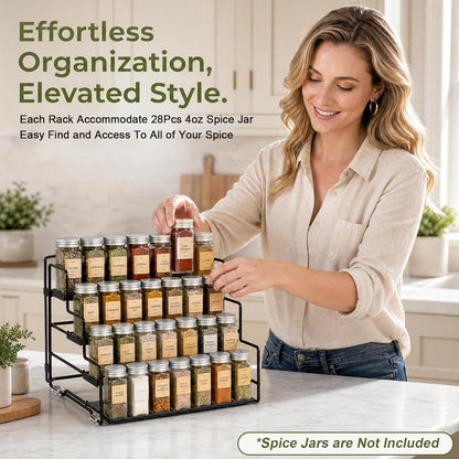 Spice Rack Organizer for Cabinet, Tiered Adjustable Spice Shelf Organization, Metal Seasoning Rack for Kitchen Countertop Cupboard Pantry, Raised Edge Anti-Slip Design for Jars and Bottles