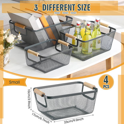 Ziliny 4 Pcs Metal Mesh Wire Baskets with Wooden Handles for Organizing, Pantry Organizers and Storage Steel Bin Kitchen Baskets for Fruit Potato Onion Snacks Bathroom Cabinet(Small,Black)
