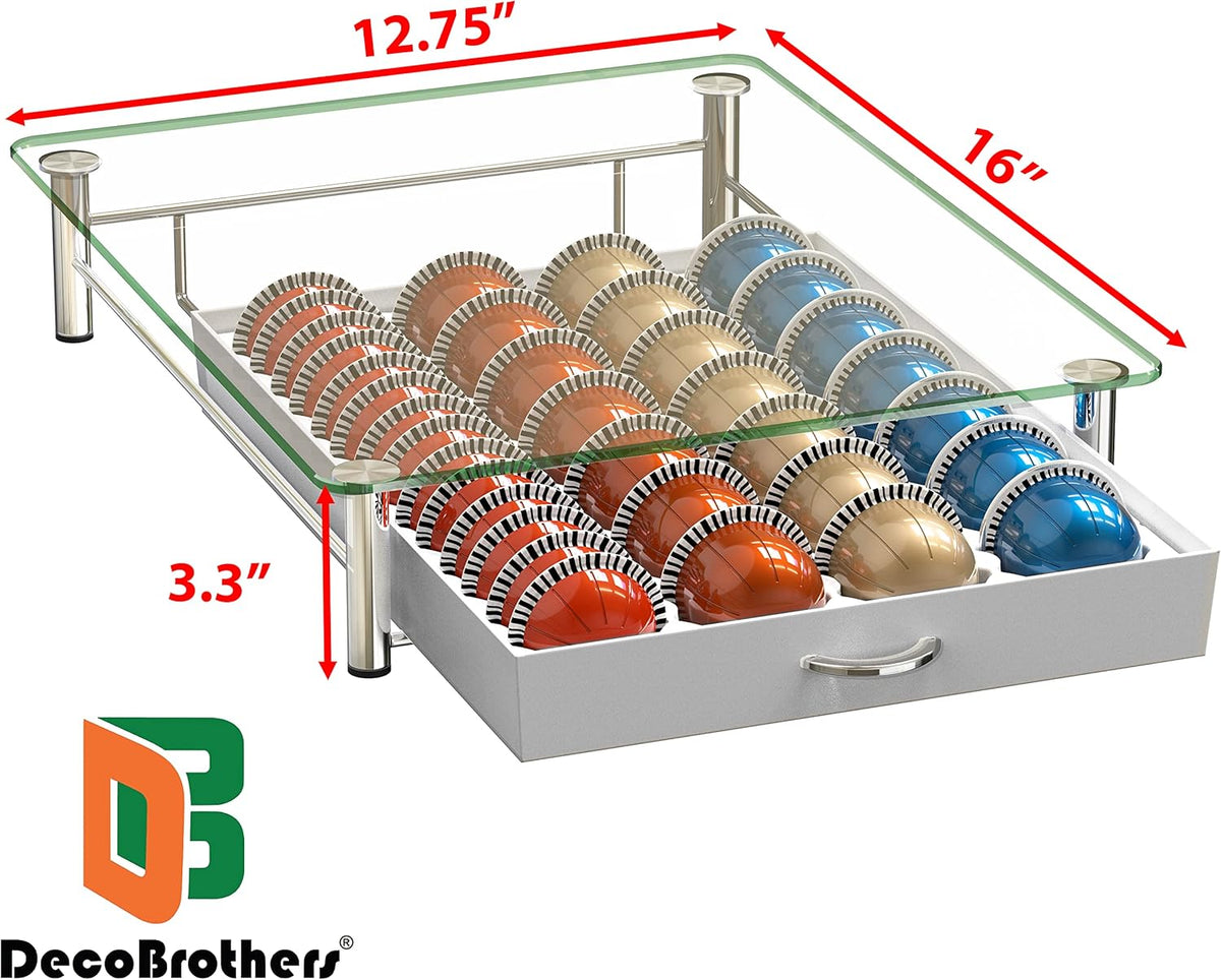 DecoBrothers Crystal Tempered Glass Vertuo Pod Holder Drawer, 24 Large or 48 Small Nespresso Capsule Organizer