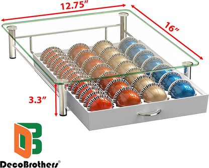 DecoBrothers Crystal Tempered Glass Vertuo Pod Holder Drawer, 24 Large or 48 Small Nespresso Capsule Organizer