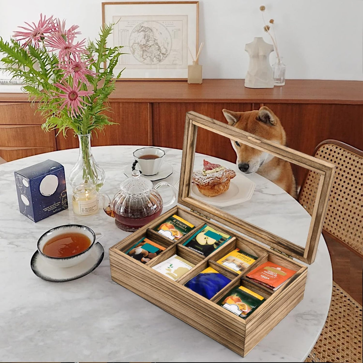 Alsonerbay Wooden Tea Box Tea Bag Holder Kitchen Storage Chest Box for Spice Pouches and Sugar Packets with 8 Compartments and Glass Window Weathered Black