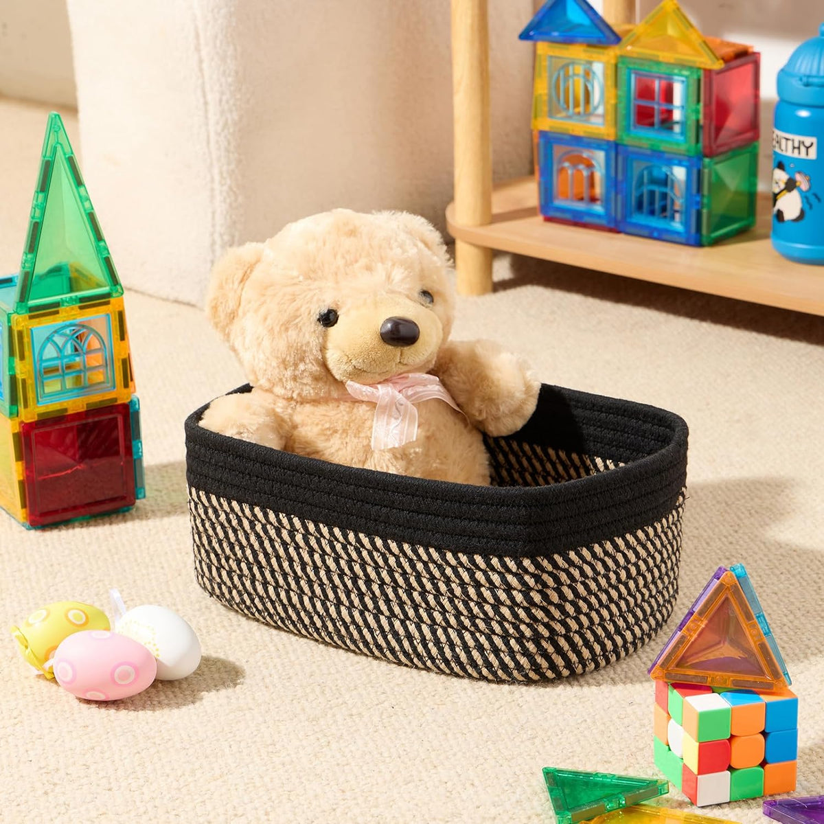MiniArk Small Storage Baskets for Organizing | Closet Organizer Bins | Shelf Toy Basket | Woven Rope Baskets | Cube Decorative Box | Shallow Basket | L11.5xW7.5xH4.7| Brown