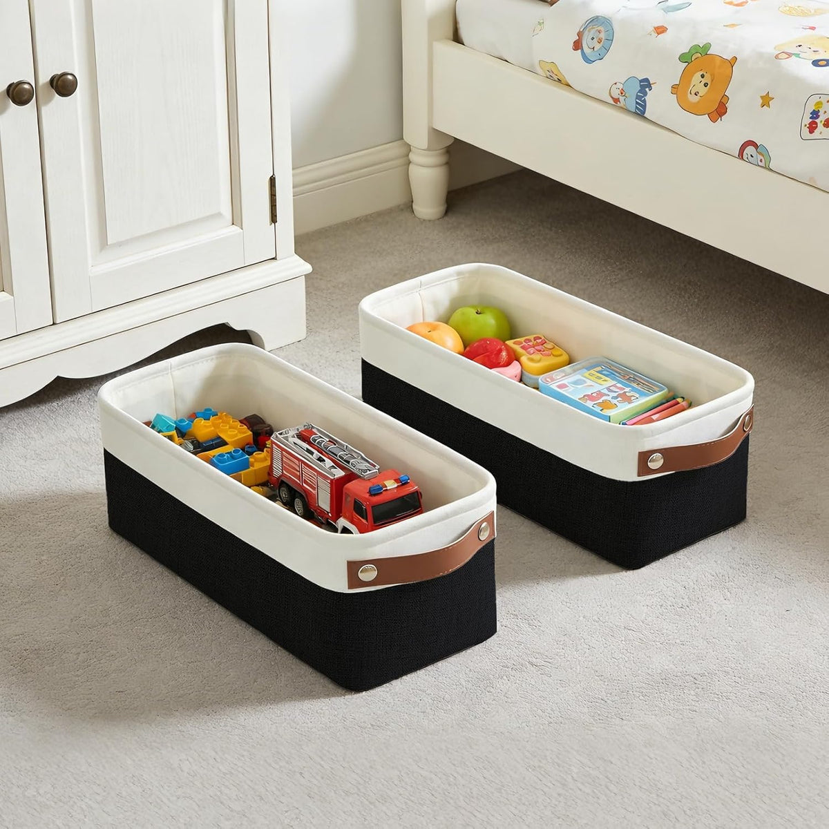 Bagnizer Large Fabric Storage Baskets | 50L Storage Bins, Decorative Linen Closet Baskets with Handles for Organizing, Shelf, Toys, Clothes, Home, Office, Nursery, 17x12x15Inches (Grey&White)