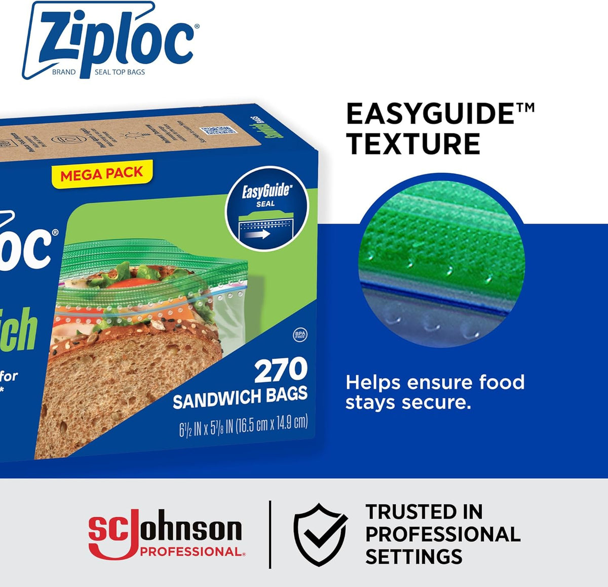 Ziploc Sandwich and Snack Bags with EasyGuide Texture, Plastic Storage Bags with Grip 'n Seal Technology, 270 Bags Total