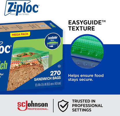 Ziploc Sandwich and Snack Bags with EasyGuide Texture, Plastic Storage Bags with Grip 'n Seal Technology, 270 Bags Total