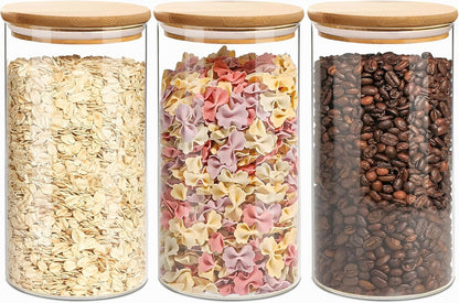 2.2 Qt Square Glass Storage Containers with Lids, Clear Food Storage Container Jar with Sealing Bamboo Lid Storage Containers for Pasta, Oats, Coffee, Flour, Sugar (Square -3Pack)