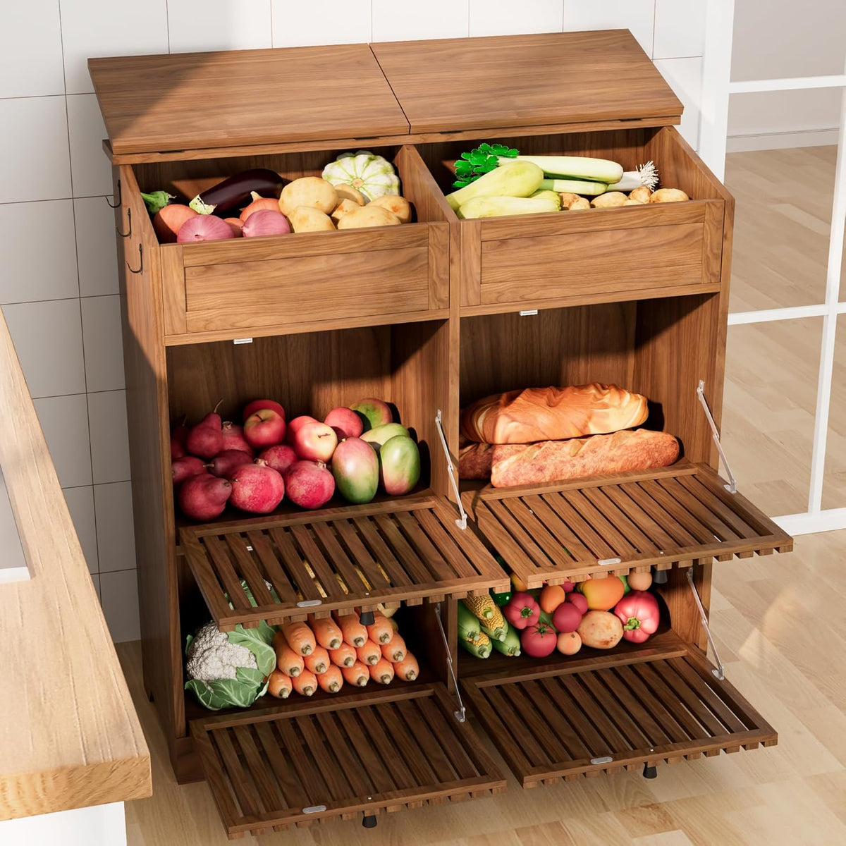 4 Tier Narrow Potato Storage Bin, Tall Wood Potato and Onion Storage Bin with Wheel, Movable Fruit and Vegetable Basket, Food Small Kitchen Pantry Cabinet, Wooden Bread Box, Walnut, Sliding Door