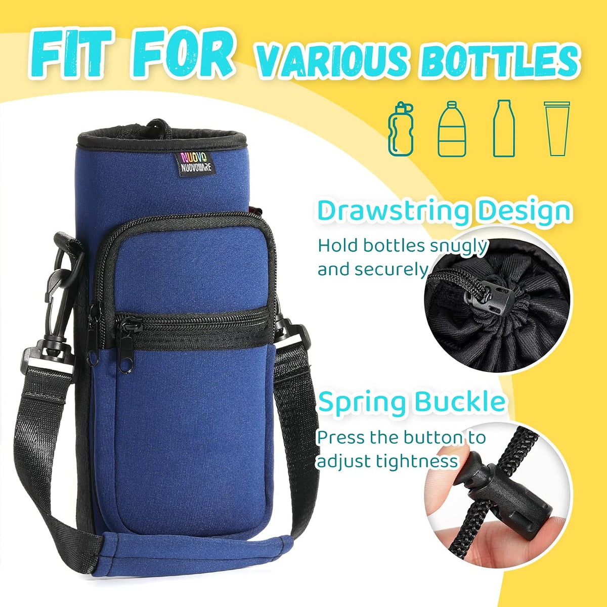 Nuovoware Water Bottle Carrier Bag,25oz/40oz/64oz Bottle Pouch Holder,Adjustable Shoulder Hand Strap 2 Pocket Sling Neoprene Sleeve Sports Accessories for Hiking Travelling Camping