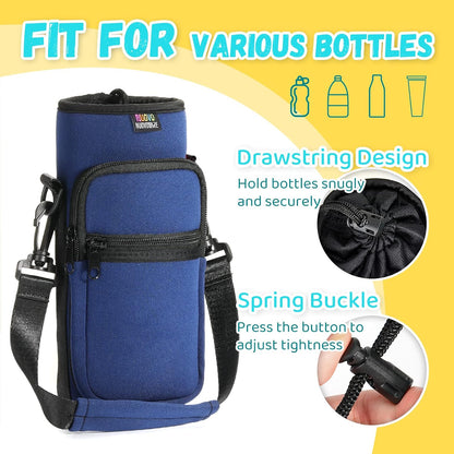 Nuovoware Water Bottle Carrier Bag,25oz/40oz/64oz Bottle Pouch Holder,Adjustable Shoulder Hand Strap 2 Pocket Sling Neoprene Sleeve Sports Accessories for Hiking Travelling Camping