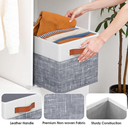 Fab totes Collapsible Storage Baskets for Shelves,14"x10", Foldable Fabric Storage Bins with Double Leather Handles, Large Baskets for Organizing Books, Clothes, White & Grey