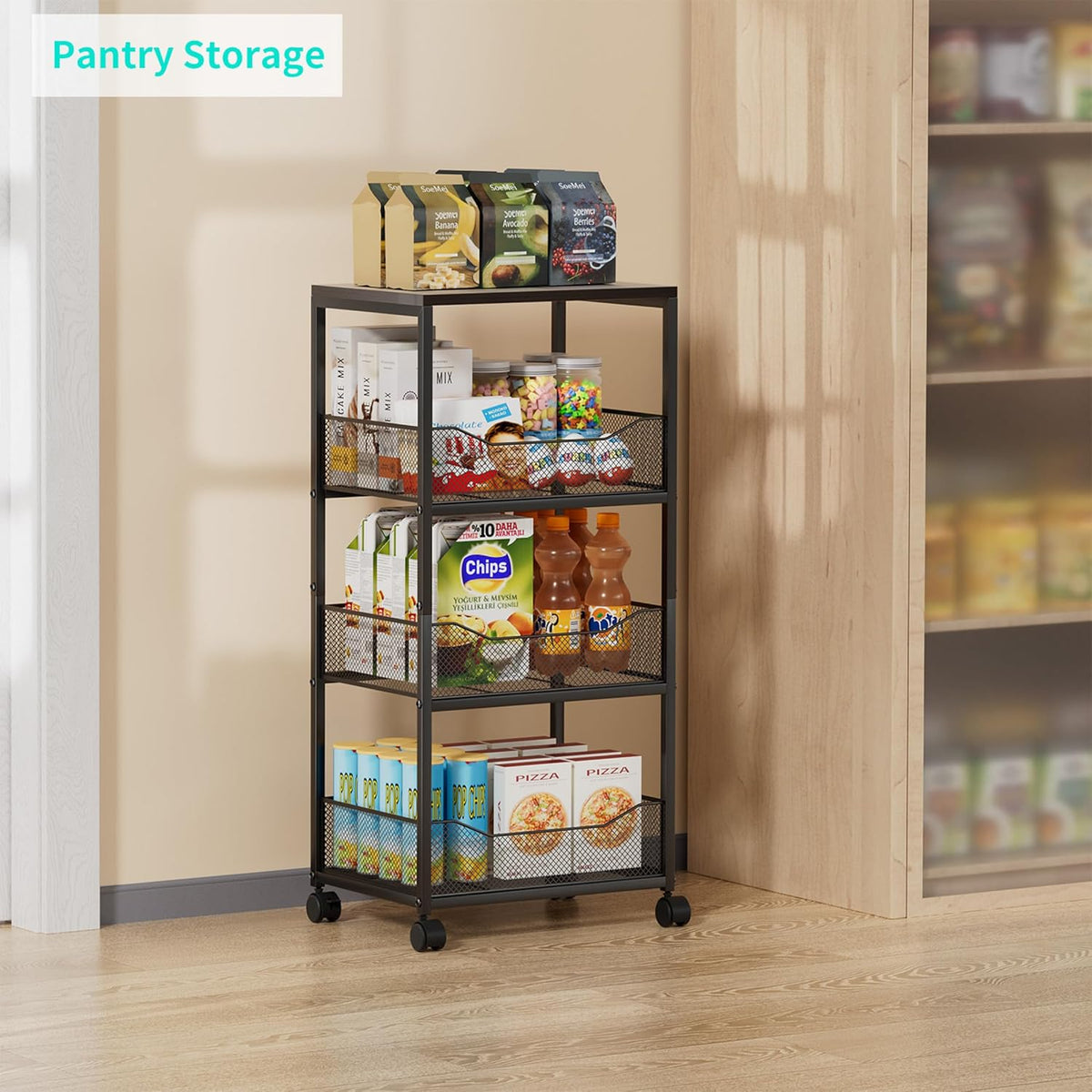 HapiRm Fruit Basket Kitchen Cart - 4-Tier Rolling Storage Cart with Wheels, Fruit Vegetable Basket with Wood Top, Pantry Utility Kitchen Organizer for Fruit Potato Onion Vegetable Bread Snack