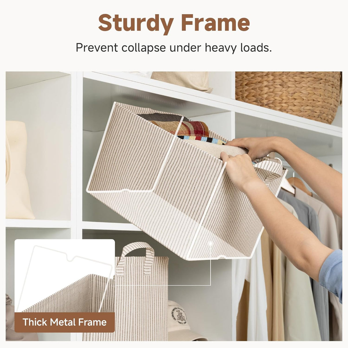 StorageWorks Storage Bins, Shelves Baskets for Organizing, Fabric Closet Organizers with Handles, Metal Frame, Beige-Cotton-linen, 2-Pack