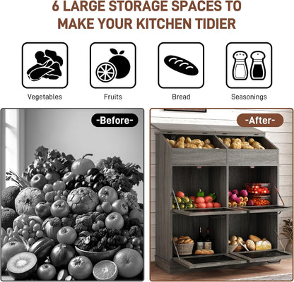 Potato And Onion Storage Bin with Lid,Veggie Bin W/6 Large Storage Box.Root Vegetable Storage Box For Kitchen,Farmhouse Potato Storage Bin W/4 Mesh Doors,Bread Keeper for Toast,Bagel,Donut,Cookies