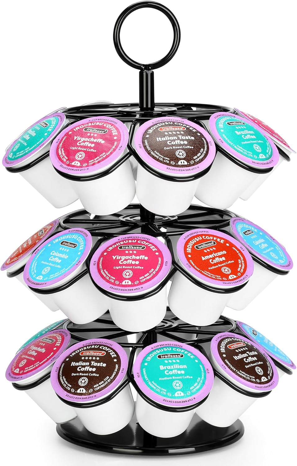 ROWISE K-Cup Pod Carousel Holder and Organizer for 36 Pods - Spins 360 Degrees, Detachable, Modern Metal Design in Black for Home and Office Counters