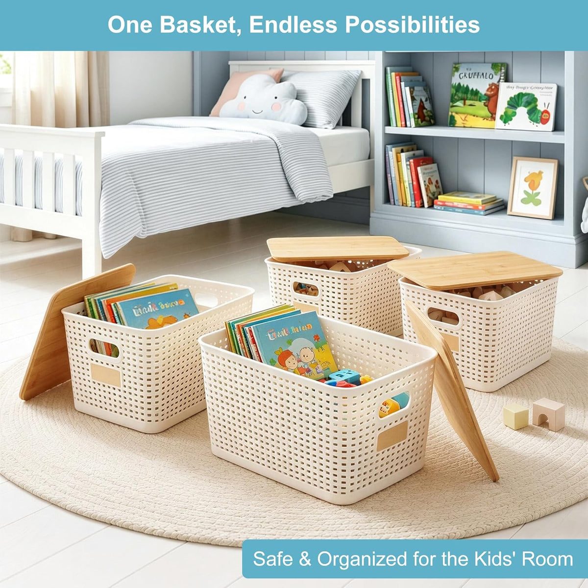 Bagnizer Small Plastic Storage Bins with Bamboo Lids 5.2qt Stackable Box Basket Pantry Decorative Containers Cute with Labels for Organizing Desktop Closet Office Cream White of 10*7.2*4.1"