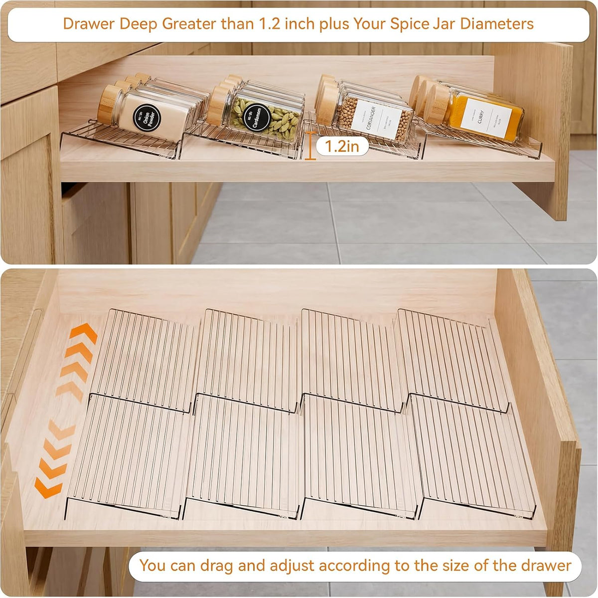 LETGO 8 Pack Adjustable Spice Rack for Drawer- Expandable From 11" to 22" Expandable Spice Drawer Organizer 4 Tiers Acrylic Seasoning Organizer Rack,Clear Spice Rack Tray for Spices,Condiment (8)