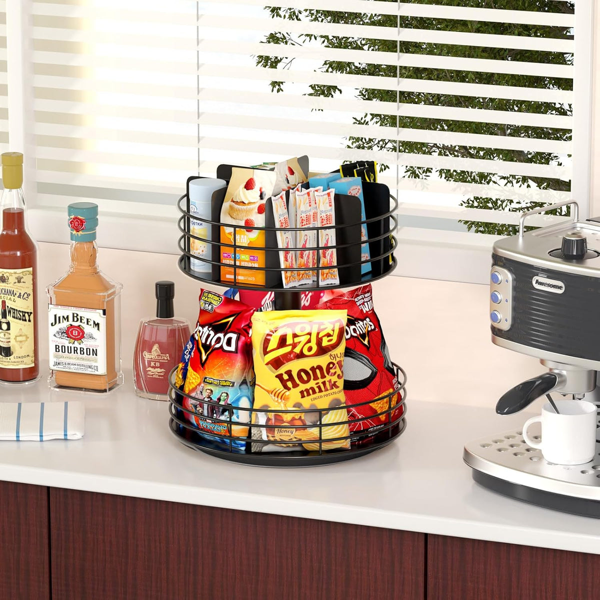 Snack Organizer - Versatile Snack Storage 2 Tier Lazy Susan with Convenient Grab-and-Go Design, Wood and Metal Snack Holder for Home, Office, Breakroom, 12.13" L x 12.13" W x 12.56" H