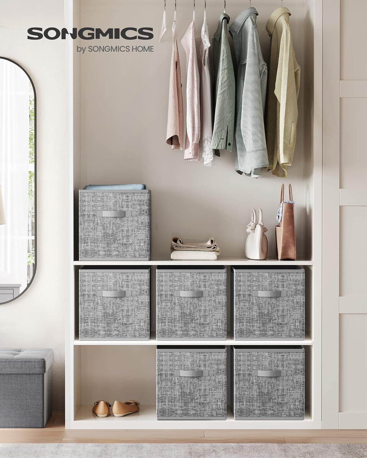 SONGMICS Storage Cubes, 11-Inch Non-Woven Fabric Bins with Double Handles, Set of 6, Closet Organizers for Shelves, Foldable, for Clothes, Cattail Gray UROB26LG